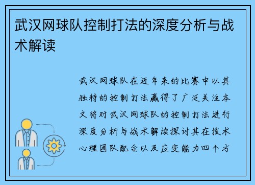 武汉网球队控制打法的深度分析与战术解读