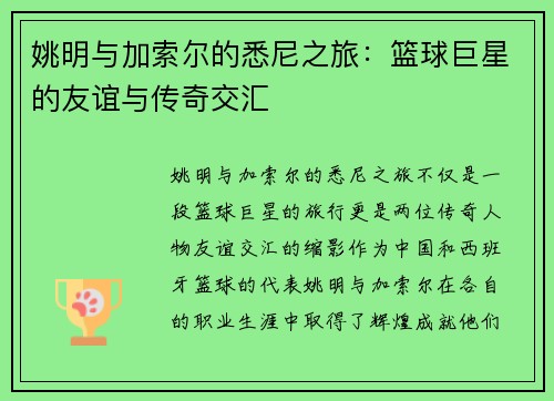 姚明与加索尔的悉尼之旅：篮球巨星的友谊与传奇交汇
